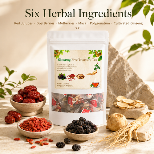 Ginseng Five-Treasure Herbal Tea Bags | Caffeine-Free Daily Herbal Sip with Maca & Berries, 30 Sachets