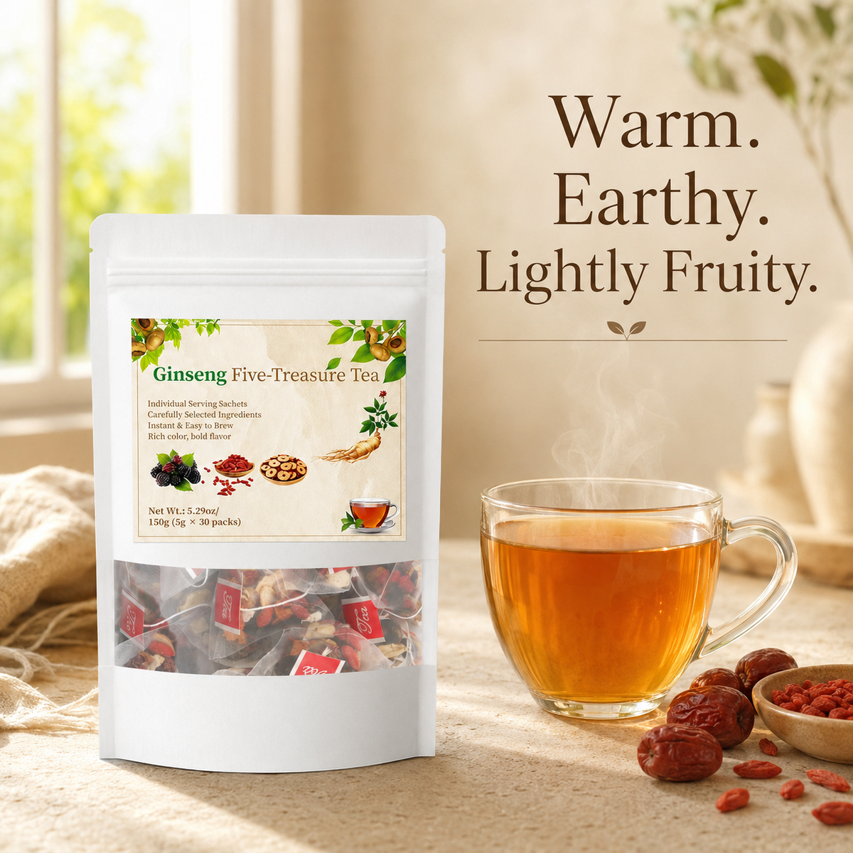 Ginseng Five-Treasure Herbal Tea Bags | Caffeine-Free Daily Herbal Sip with Maca & Berries, 30 Sachets