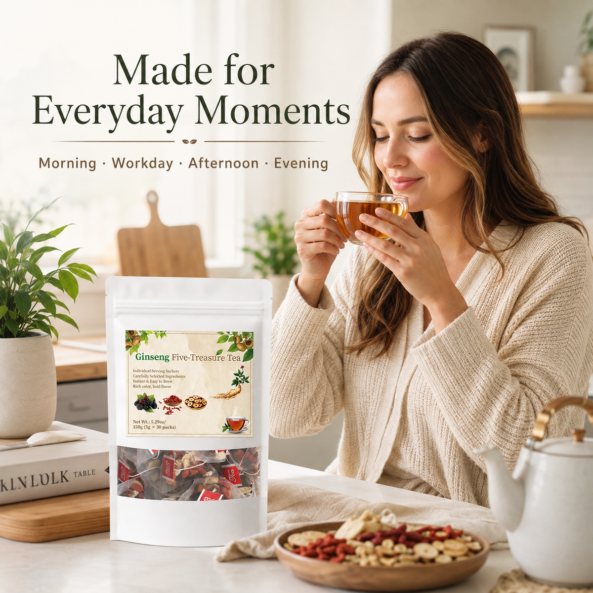Ginseng Five-Treasure Herbal Tea Bags | Caffeine-Free Daily Herbal Sip with Maca & Berries, 30 Sachets